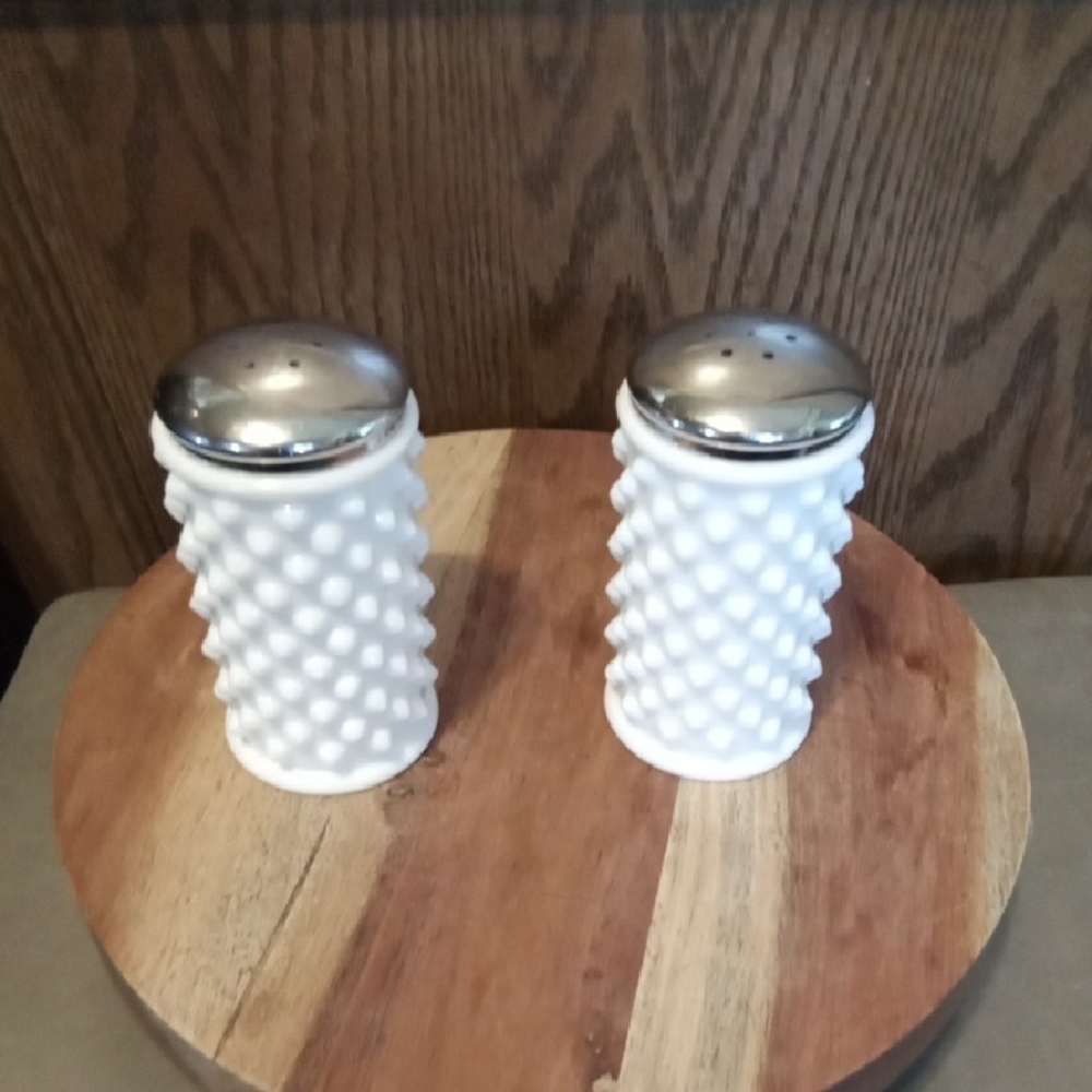 Sale Fenton White Hobnail Milk Glass Salt and Pepper Shakers with Silver Tops